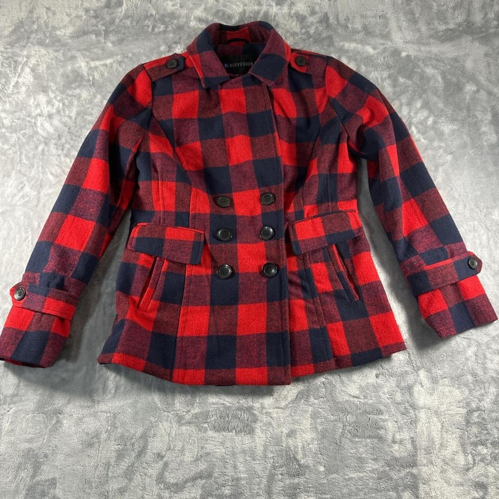 Red and black plaid‎ peacoat